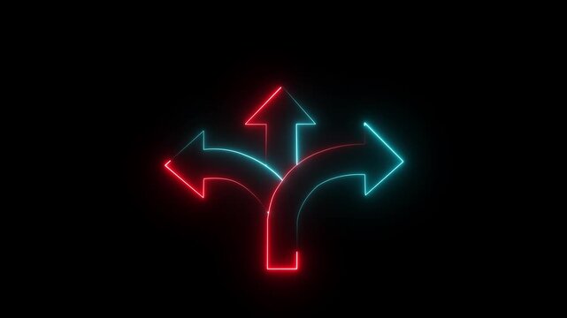 Three-way direction arrow sign animation. road direction, moving arrow three arrow direction animation. traffic way Three- Way Fork in the Road Arrow Symbol on Black Background Animation.