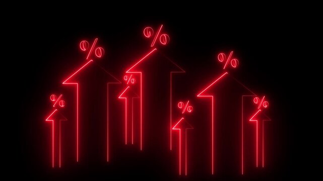 Interest rate increase concept. Businessman use a Neon up arrow with percentage symbols and upward red arrows, symbolizing rising interest rates. financial growth, dividend yield, black background.