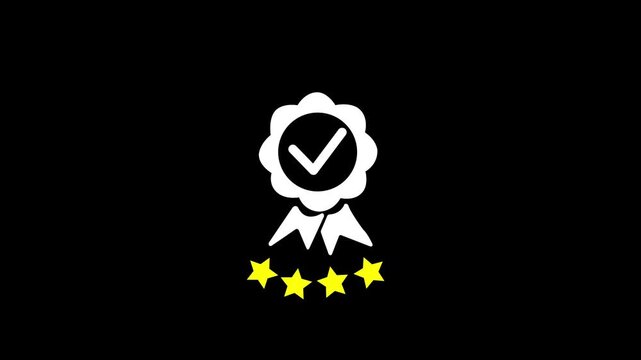 Businessman presenting quality assurance badge with four star rating and approval check mark above customer satisfaction, service excellence, trust, feedback black background.