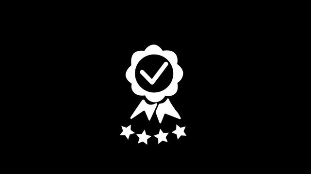 Businessman presenting quality assurance badge with four star rating and approval check mark above customer satisfaction, service excellence, trust, feedback black background.