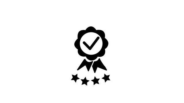Businessman presenting quality assurance badge with four star rating and approval check mark above customer satisfaction, service excellence, trust, feedback white background.