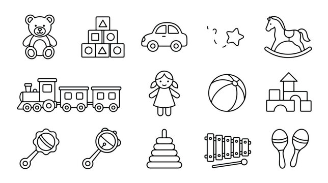 Minimalist baby toy icons set, 15 nursery outline vector elements, black and white children playroom objects for coloring and web design