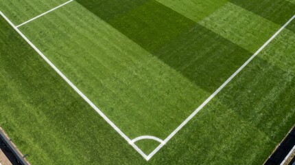 Obraz premium Corner of a green soccer field with white lines soccer background