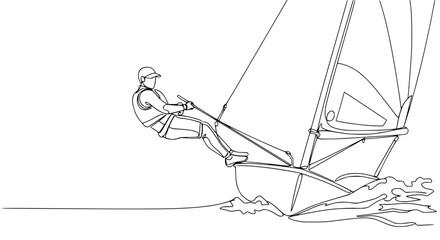 Sailboat racing, single line drawing, sailor on dinghy, windsurfing, sea sport, active lifestyle, summer vacation © Nurul