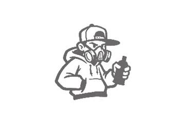 Graffiti artist wearing gas mask and cap monochrome sticker © fariya