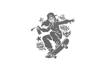 Graffiti sticker of skateboarder with spray can in black monochrome style © fariya