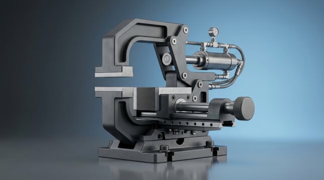 Clamping system 3D render, CNC workholding fixture, industrial clamp assembly, machining vise system, precision fixture hardware, mechanical holding tool design