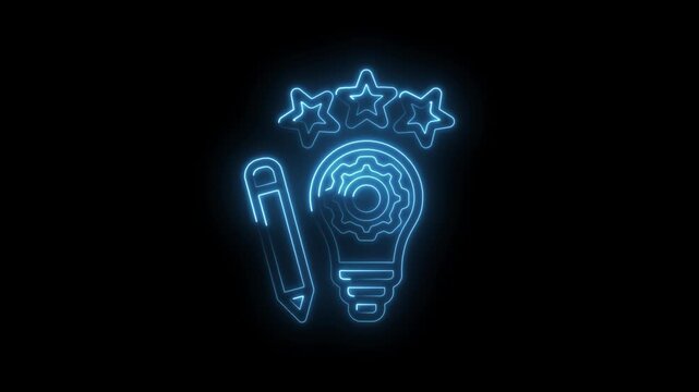 Neon light glowing pencil and lightbulb with gears and stars symbolizing creativity icon