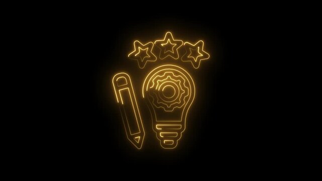 Glowing neon yellow outline of a lightbulb with internal gears a pencil and three stars on a... icon