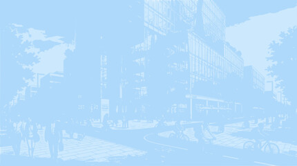 Fototapeta premium Urban Scene with People and Buildings in Light Blue Tone
