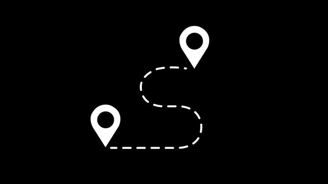 Animated destination, path, and route icon showing map, location pin, and dotted travel line for navigation, journey, and direction.black background.