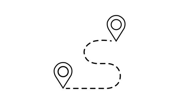 Animated destination, path, and route icon showing map, location pin, and dotted travel line for navigation, journey, and direction.white background.