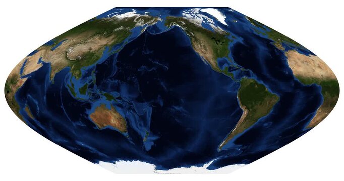 McBryde-Thomas flat-polar sinusoidal projection animation. Earth's physical map with longitude shift rotation. Detailed worldwide view. June View. Elements of this video furnished by NASA.