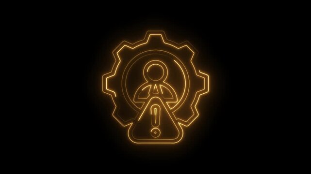 Glowing orange neon user profile icon within a gear symbol with an exclamation mark warning alert