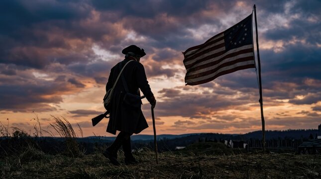 Revolutionary war reenactor walking with american flag at sunset