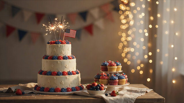 Three tier patriotic cake and cupcakes on display at celebration event with bunting decorations in background at home.