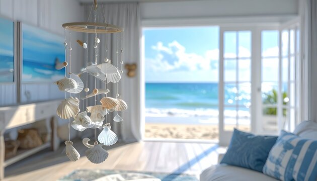 Decorative seashell mobile hanging near an open seaside window, sunlight filtering through translucent shells, relaxing coastal atmosphere, high detail interior design concept