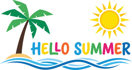 Obraz premium Colorful hello summer illustration with palm tree and sun isolated on white background
