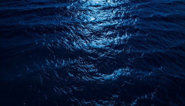 Night ocean water texture with subtle moon reflections, uniform dark blue wave patterns, premium marine background, top-down perspective