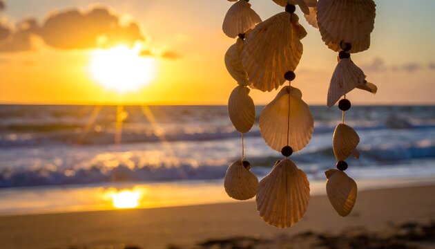 Seashell wind chime silhouetted against a golden sunset over the sea, warm light passing through delicate shells, peaceful beach atmosphere, cinematic photography