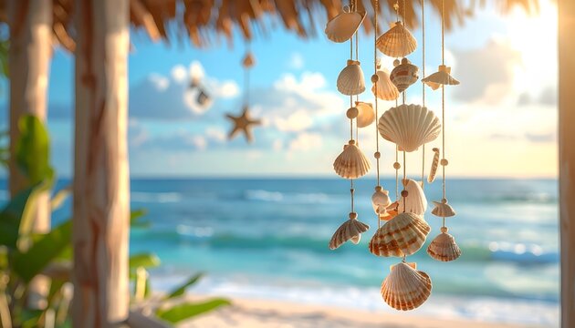 Traditional seashell wind chime hanging on a tropical beach veranda, handcrafted shell mobile swaying gently in the ocean breeze, soft sunlight, coastal lifestyle