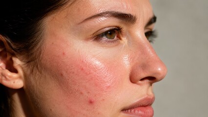 Fototapeta premium Close-up of woman with natural skin texture showing mild acne and redness on cheek side view