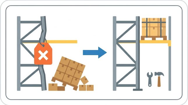 A warehouse rack is shown with a broken section next to a repaired section, highlighting safety measures in warehouse logistics.