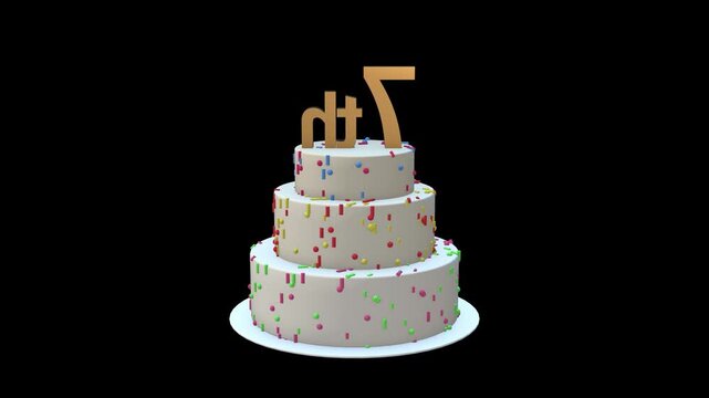 7th Birthday 3D Cake Animation with Golden Number Seven Rotating on Black Background 4K