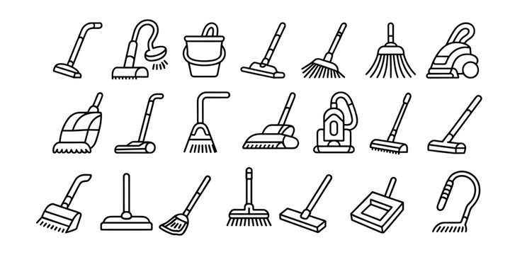 Collection of cleaning tools including brooms vacuums mops and dustpan in outline style cleaning equipment  in white background