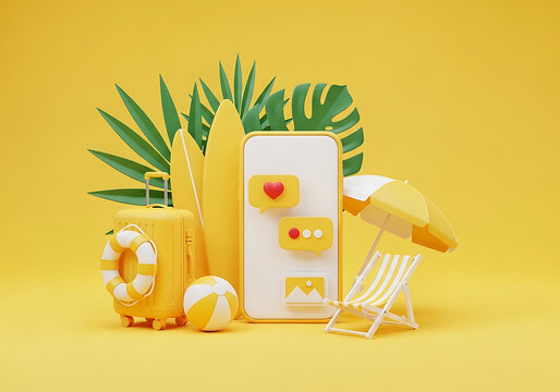 Summer vacation travel concept featuring smartphone mobile app with tropical elements on yellow background vacation smartphone tropical suitcase surfboard umbrella technology background