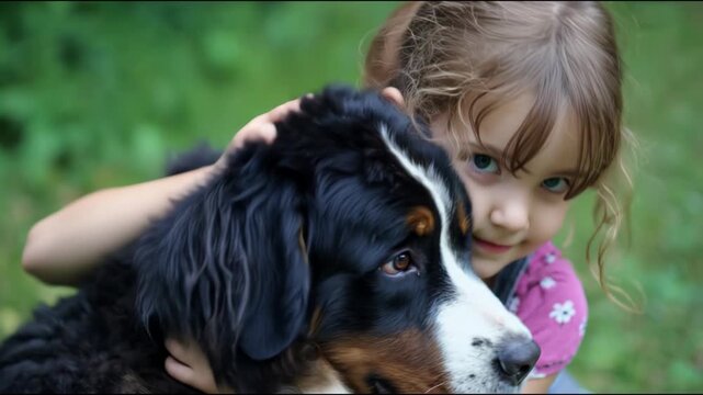 Adorable young girl lovingly embracing and petting her beautiful bernese mountain dog outdoors
