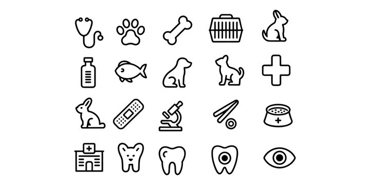 Collection of veterinary and medical with animals and equipment stethoscope  in white background
