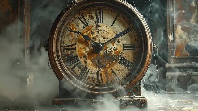 An old weathered clock sits amidst swirling smoke and cobwebs