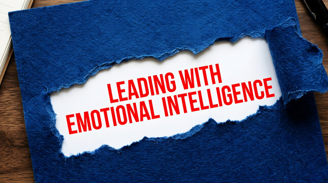 Red text leading with emotional intelligence revealed through torn blue paper ripped