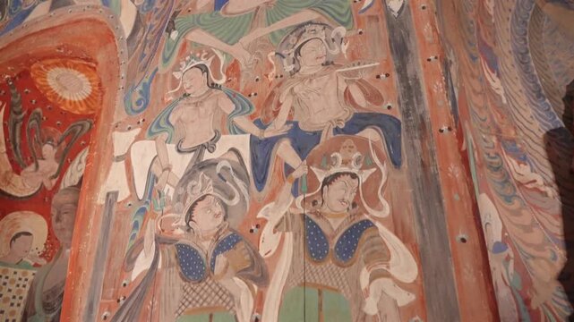 The mural art of the Mogao Grottoes in Dunhuang, China: Ancient Eastern art. Ancient Chinese murals, Mogao Grottoes in Dunhuang, Gansu Province, Buddhist statues, painted sculptures, and mural art.