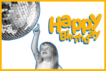 Obraz premium Celebration of a happy birthday with a child pointing at a disco ball in a festive setting
