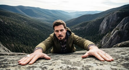 Naklejka premium Adventurous Man Hanging from a Rocky Cliff Edge with Scenic Mountain Valley Background and Forest Landscape