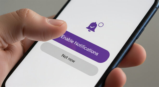 Enable notifications button on smartphone screen, hand holding mobile phone with push notification prompt, user interface for mobile app alerts