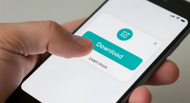Mobile app download button on smartphone screen, hand clicking digital install icon, user interface for software application update