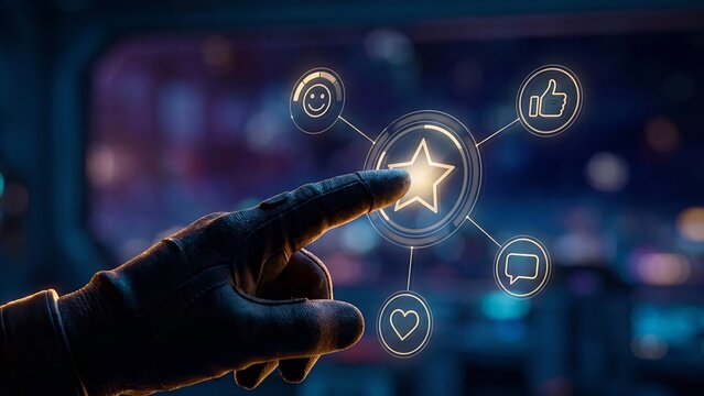 Finger Pointing at Glowing Star Icon with Holographic Customer Feedback Symbols Showing Digital Rating and Satisfaction Concept