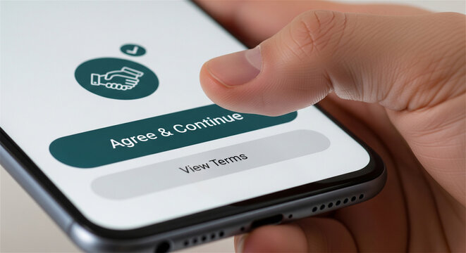 Digital contract agreement on smartphone screen, user clicking agree and continue button, mobile app terms of service acceptance