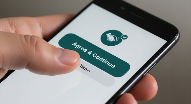 Agree and Continue button on smartphone screen, user hand clicking digital terms and conditions, mobile app user interface for legal consent
