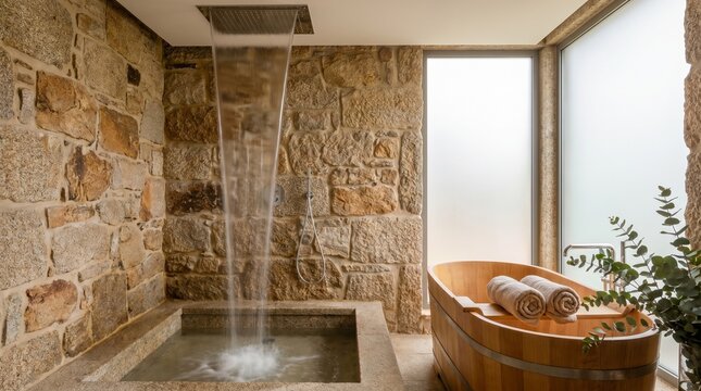 Luxury spa bathroom with natural stone walls and ceiling rain shower featuring a wooden soaking tub and towels