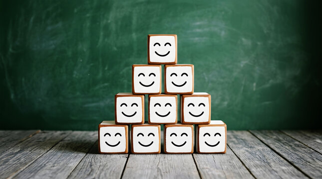 Stack of white wooden blocks with happy smiley faces on a rustic wooden surface image