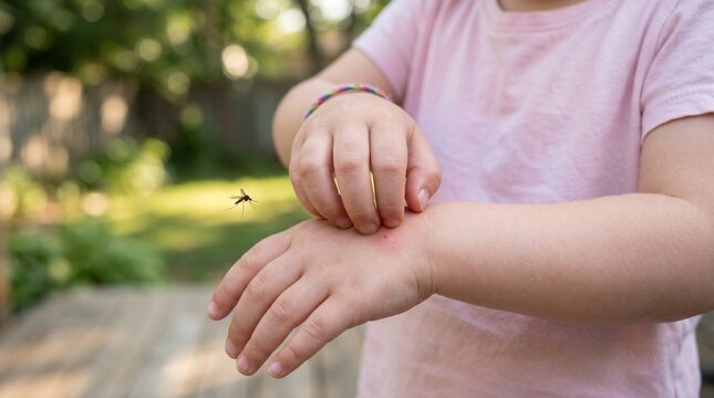 Concept of mosquito allergy: Close up of a toddler child scratching an itchy red bug bite on the arm outdoors