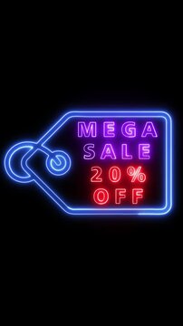 Vibrant neon sign displaying MEGA SALE with 20% OFF in purple and red lights on black background