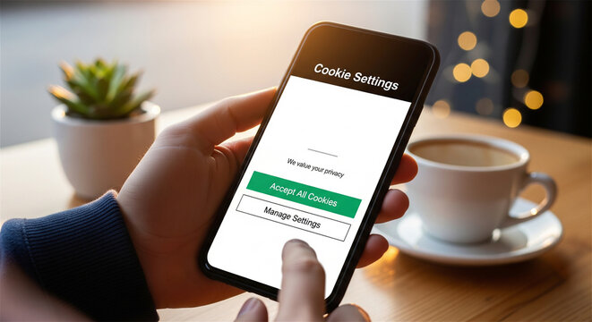Cookie settings consent notification on smartphone screen, user accepting website cookies on mobile phone, digital privacy and data protection