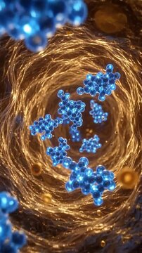 Insulin hormone molecule flows through bloodstream 3d medical concept illustrating diabetes impact body with detailed molecular structures glowing blue inside biological vessel for health science