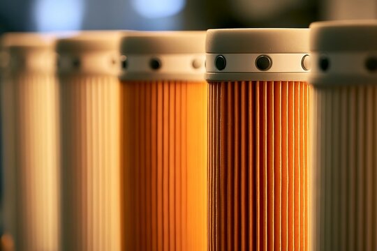 Row of industrial filters in a factory setting with shallow depth of field.