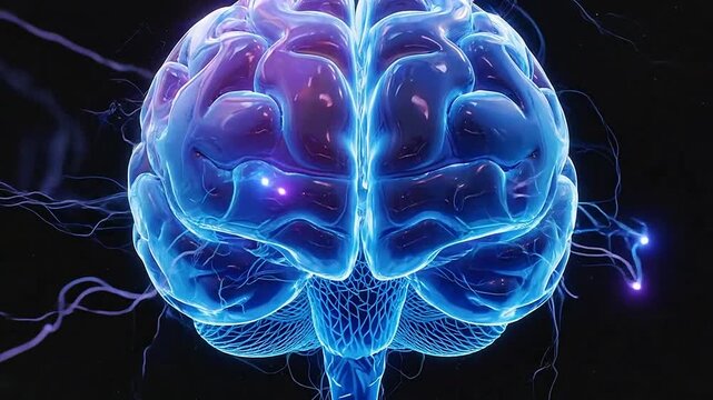 A glowing digital human brain model against a dark background